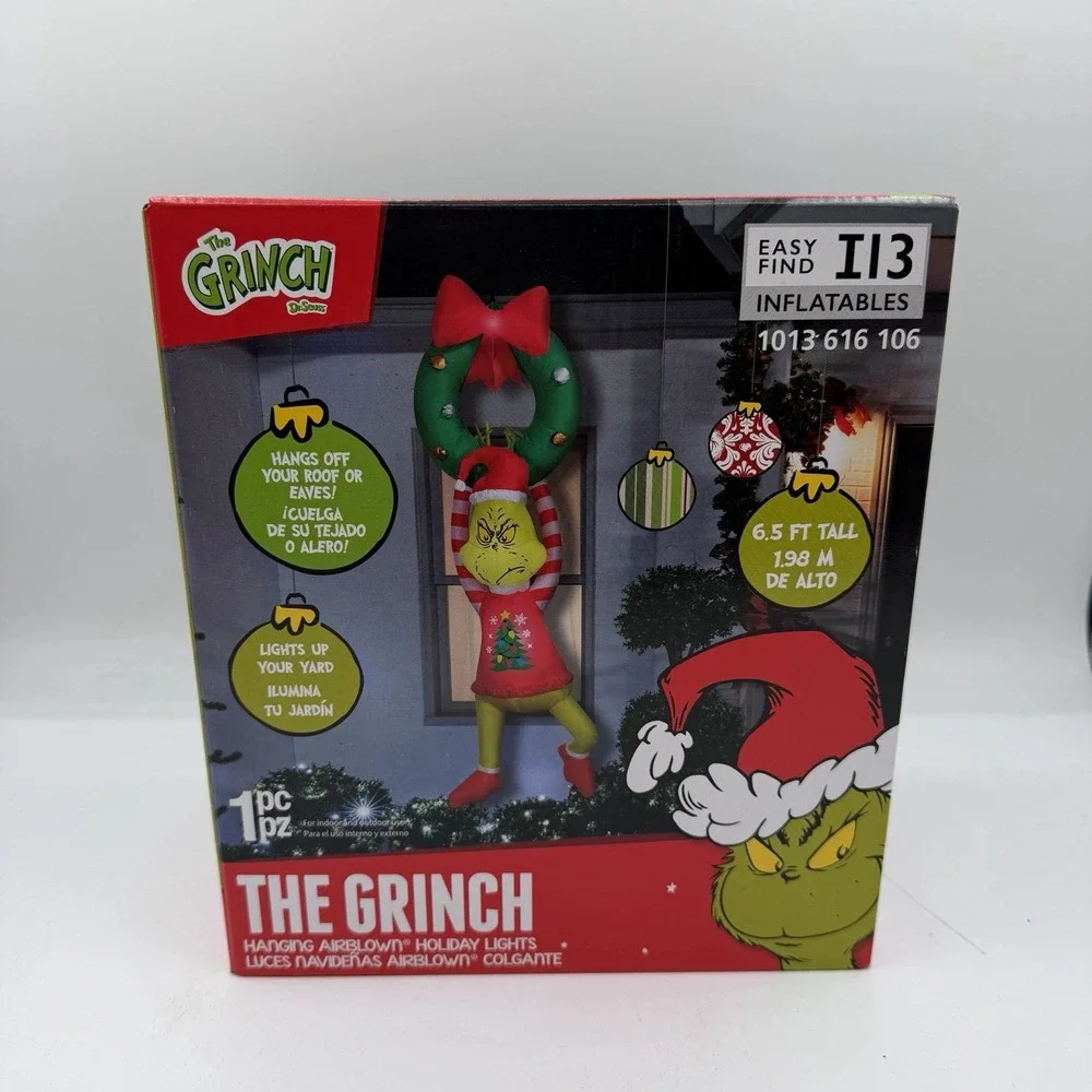 6.5' The Grinch‎ Airblown Inflatable Hanging From Christmas Wreath Dr. Seuss New
